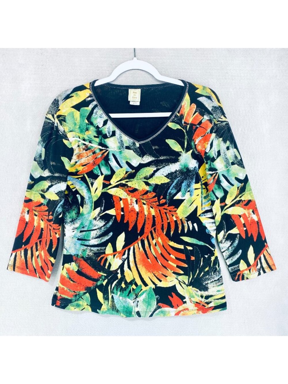 Jess & Jane Top Womens M Multicolor Floral Cotton Popover Blouse Costal Art USA
